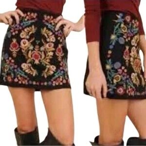 Umgee Black Skirt with Colorful Floral Embroidery